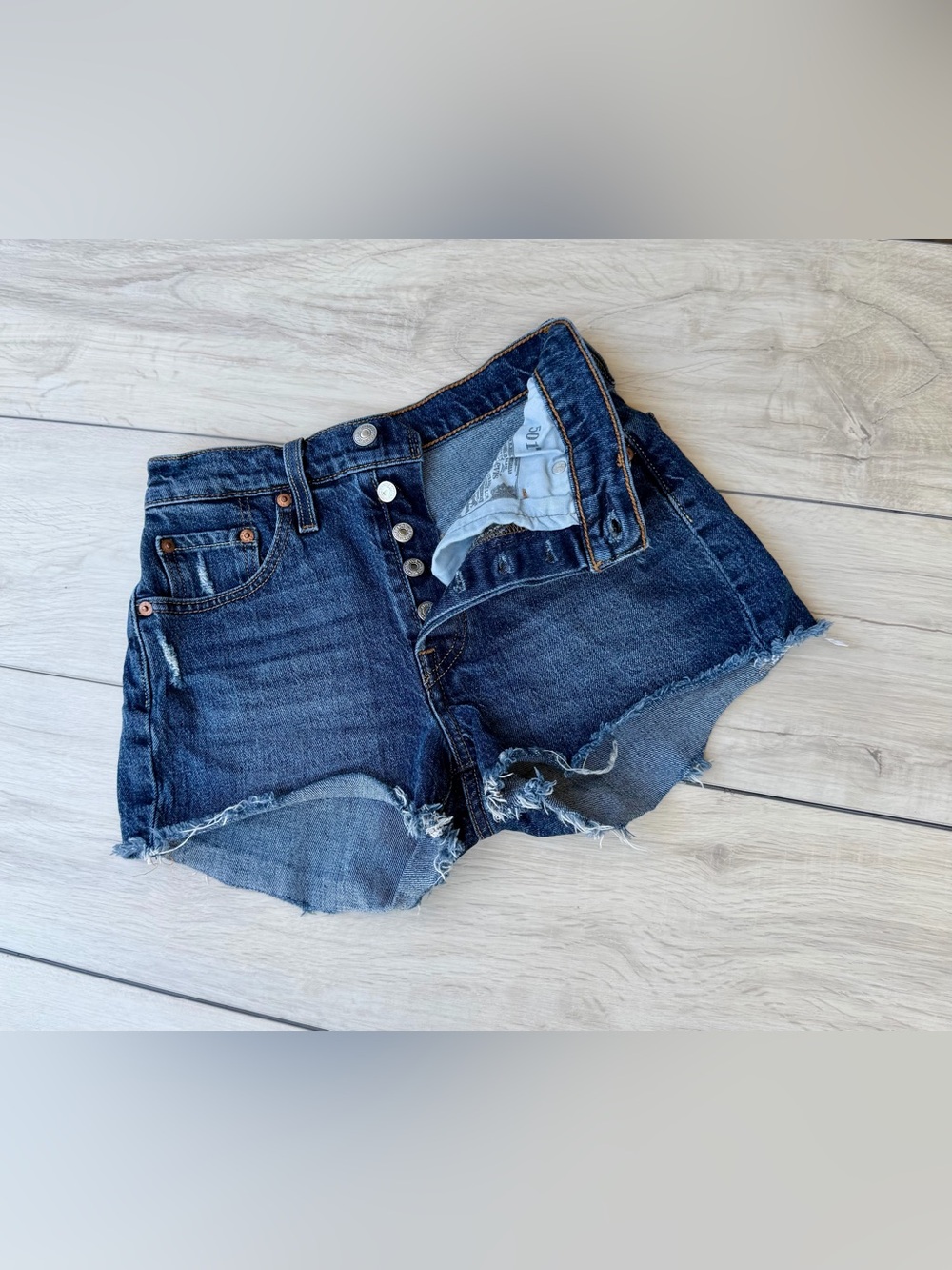 Levi's 501 Button Fly High Rise Dark Blue Indigo Distressed Denim Cutoff Shorts - Picture 7 of 11